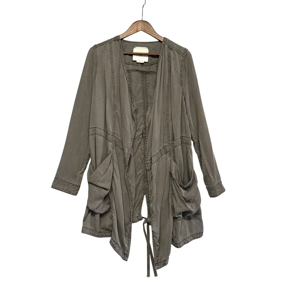 HEI HEI Women Cardigan Jacket Sz S Gray Utility Pocket Drawstring Tunic Distress
